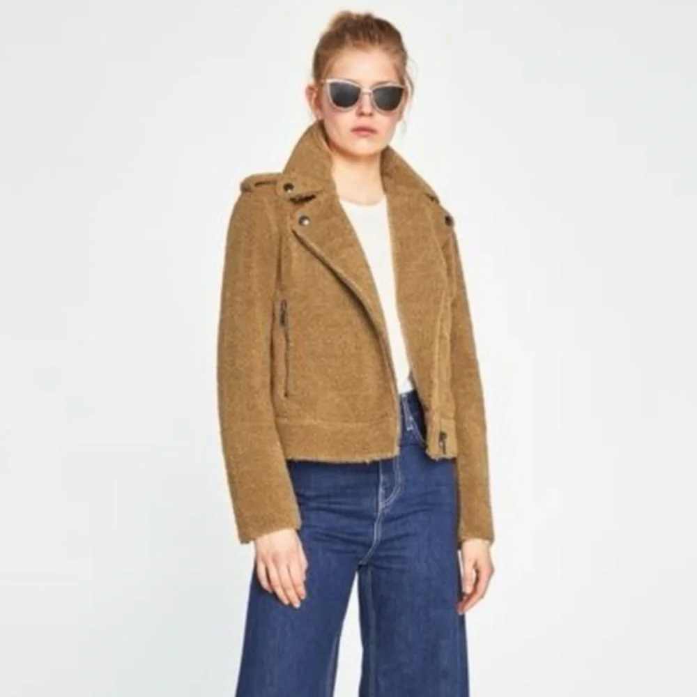 ZARA WOMAN CAMEL FAUX FUR BIKER Crop JACKET Sz XS